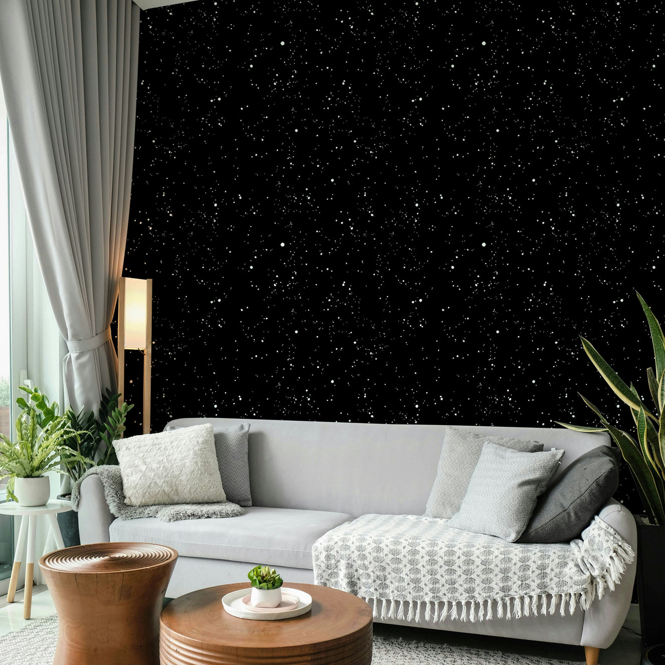 Celestial themed wall mural with gold stars for a cozy master bedroom feature wall.