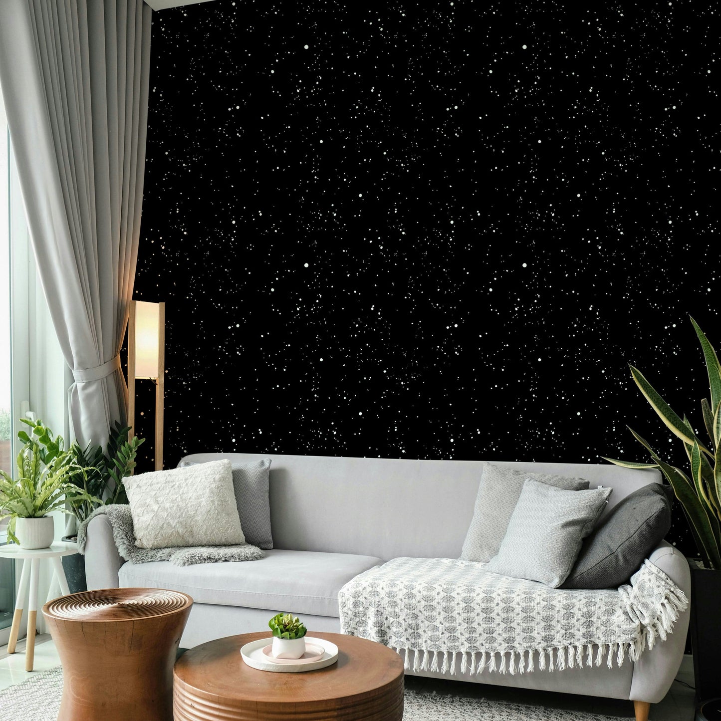 Celestial themed wall mural with gold stars for a cozy master bedroom feature wall.