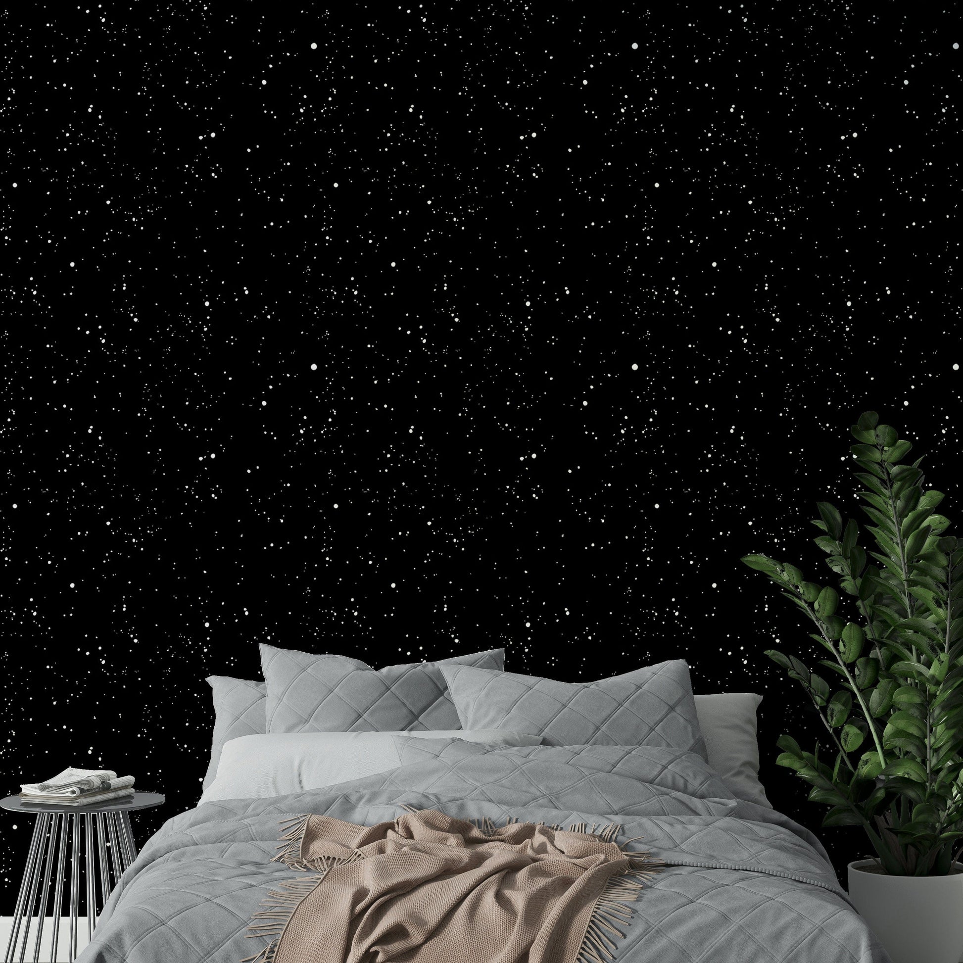 Modern apartment bedroom wall decor featuring a deep blue starry sky mural.