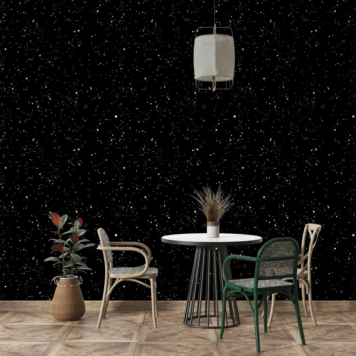 Starry Night Symphony Wallpaper in a modern apartment living room with navy blue accents.