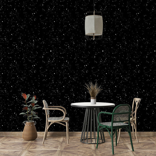 Starry Night Symphony Wallpaper in a modern apartment living room with navy blue accents.