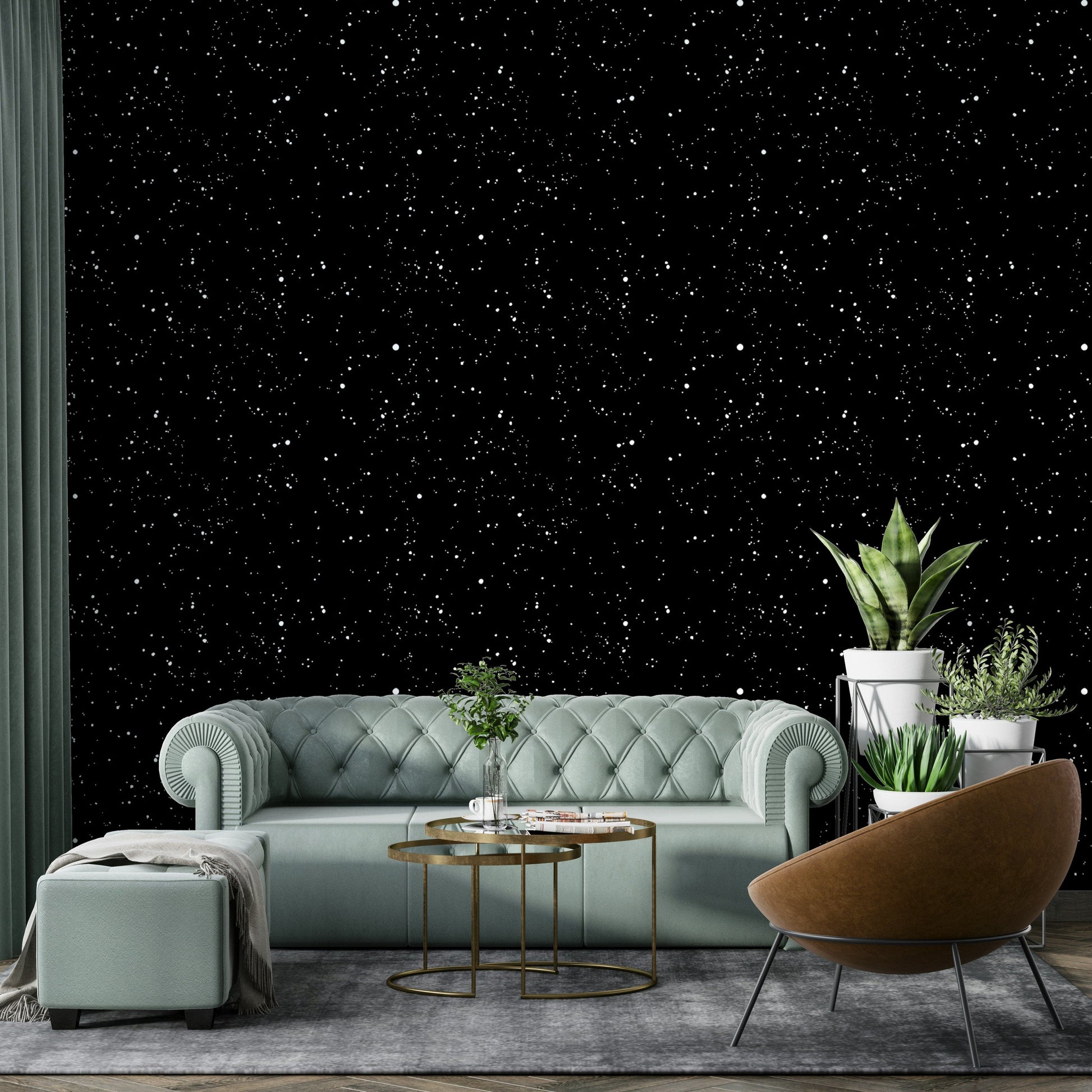 Large scale celestial wallpaper in a dining room with mid-century modern furniture.