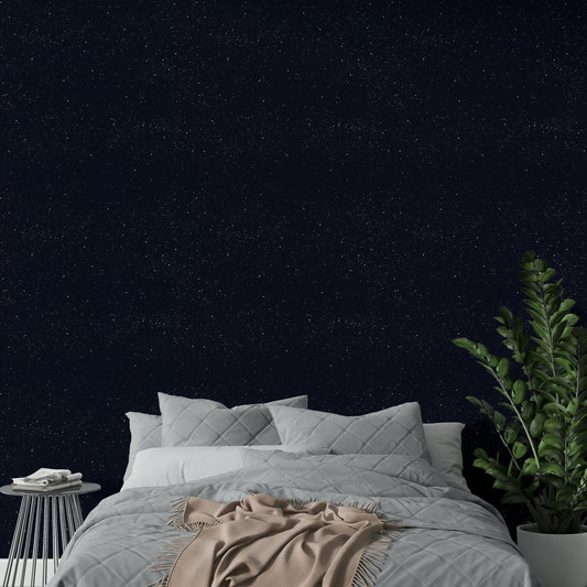 Navy blue starry sky wallpaper for a modern bedroom.
