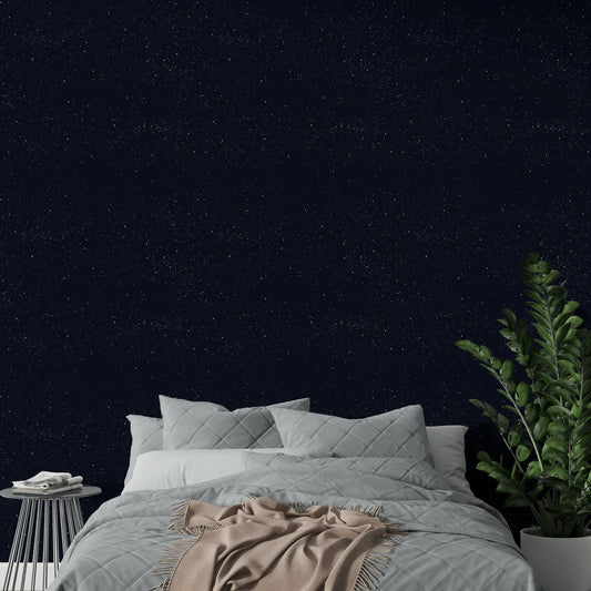Navy blue starry sky wallpaper for a modern bedroom.
