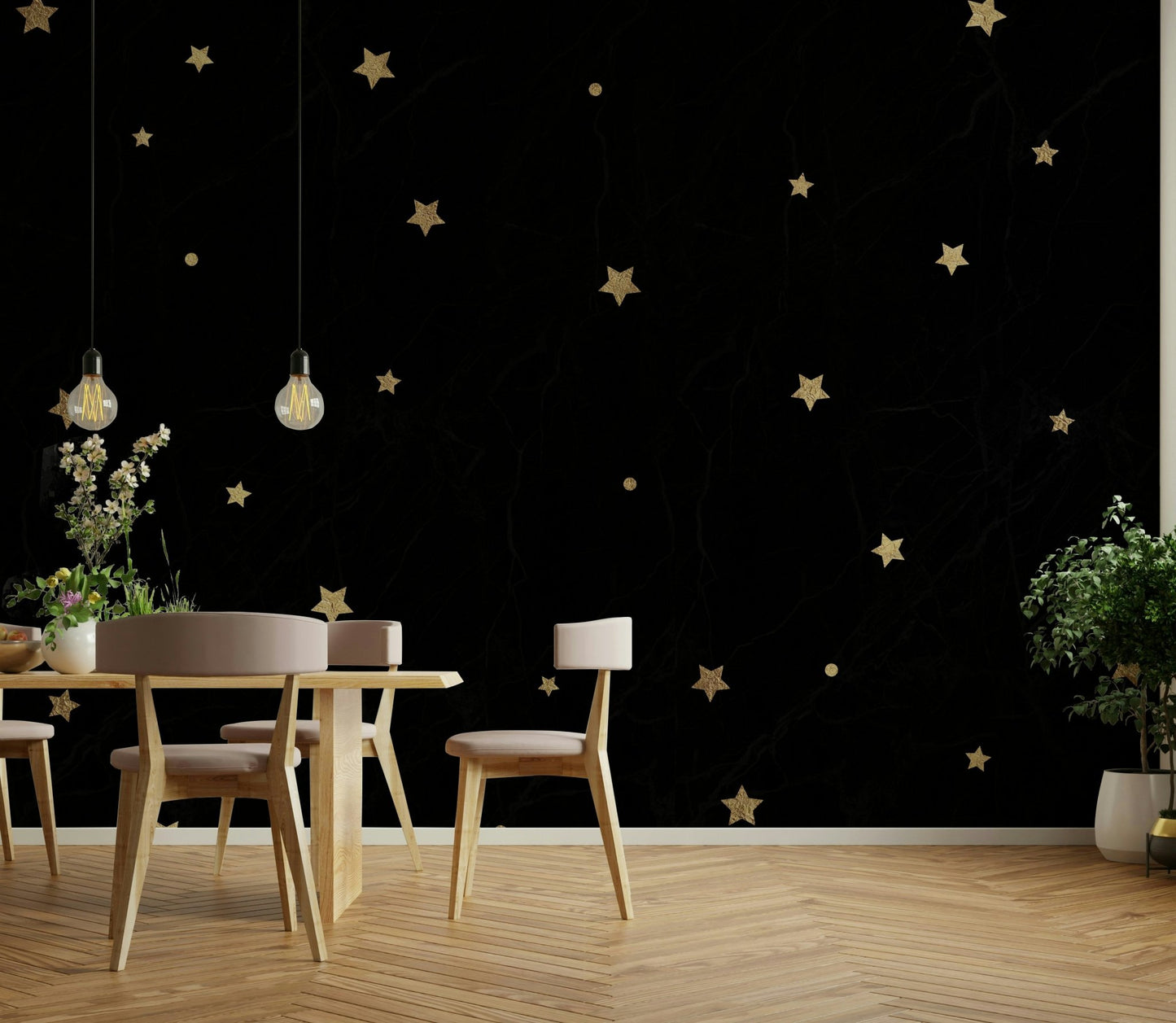 Deep black night sky with shimmering stars for a serene mural

