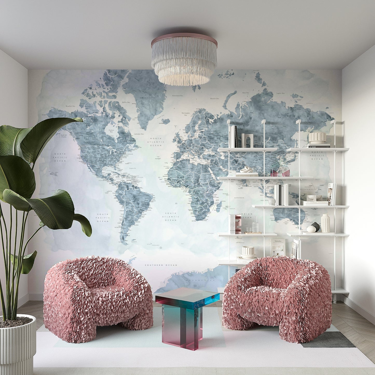 Steel Blue Watercolor World Map Wallpaper