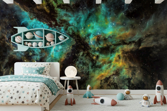 Stellar Dreamscape wallpaper mural of a teal and gold nebula in a kids room with a rocket planet shelf and star bed