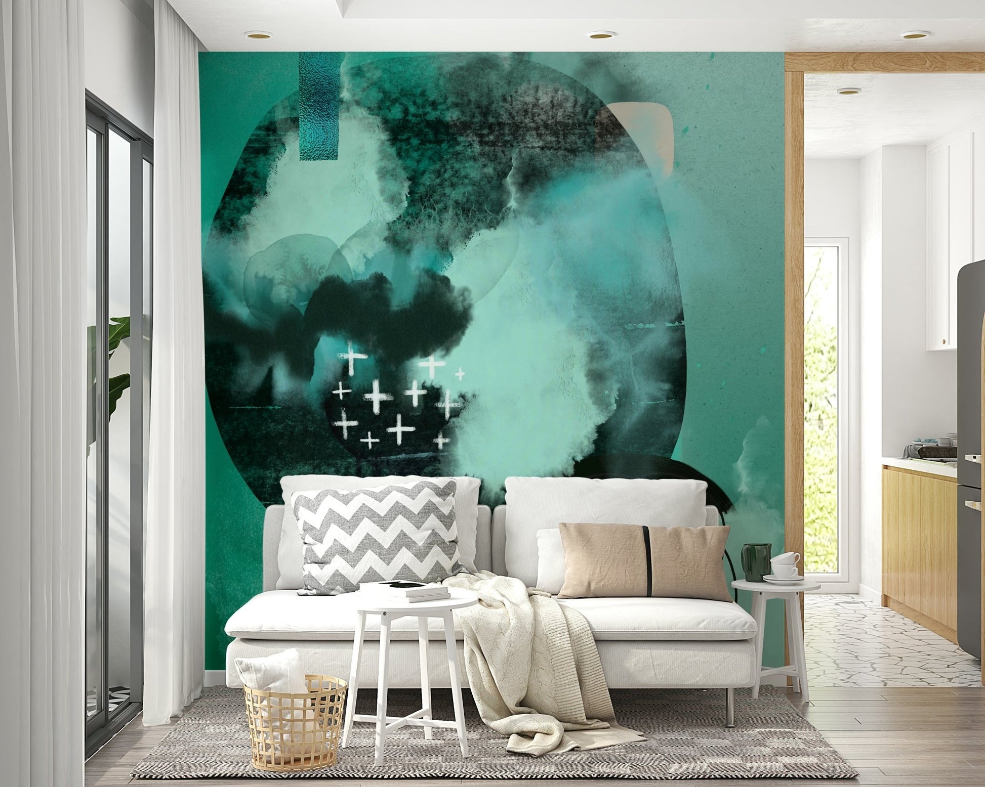Minimalist wall mural featuring calming neutral tones.

