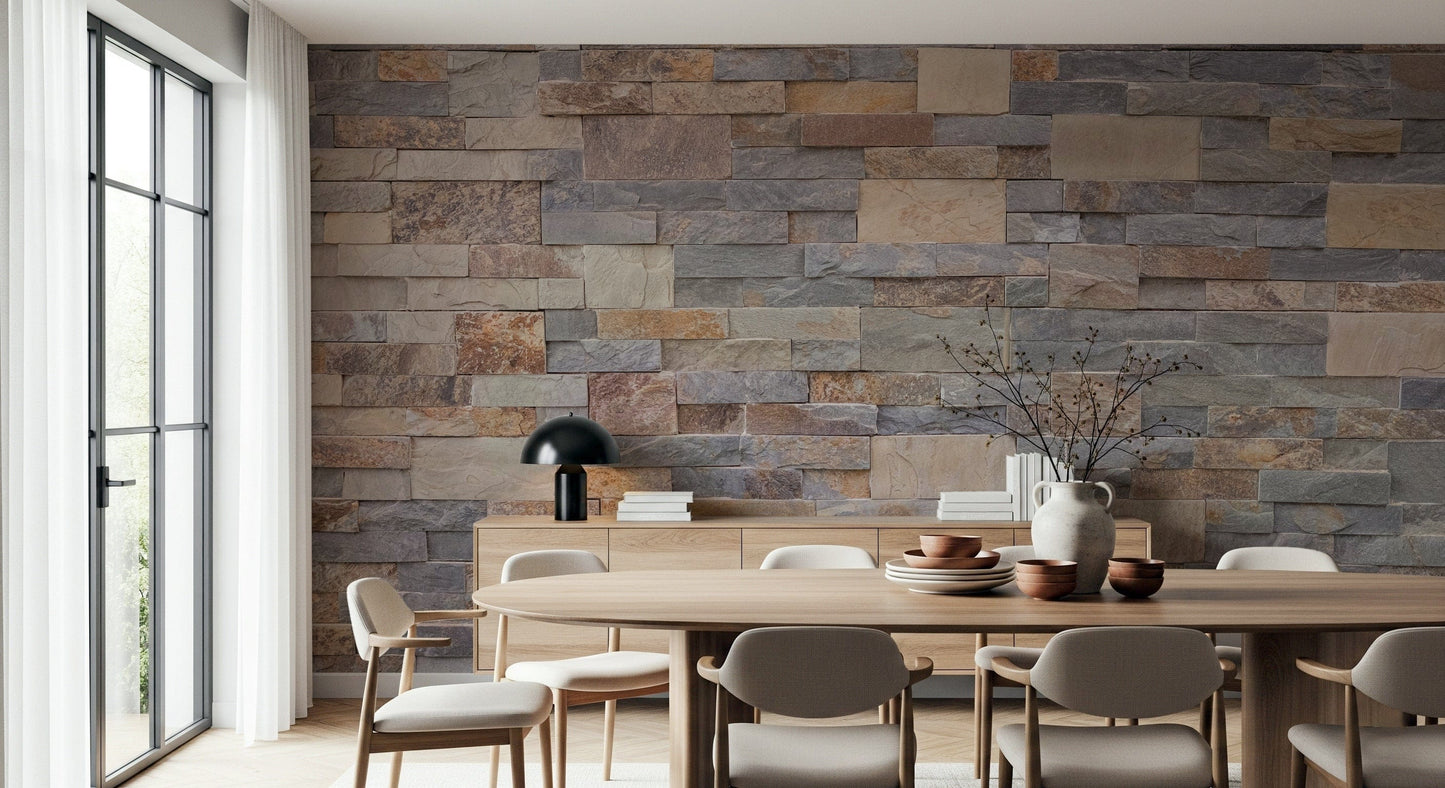 Rustic wall covering highlighting layered stone textures