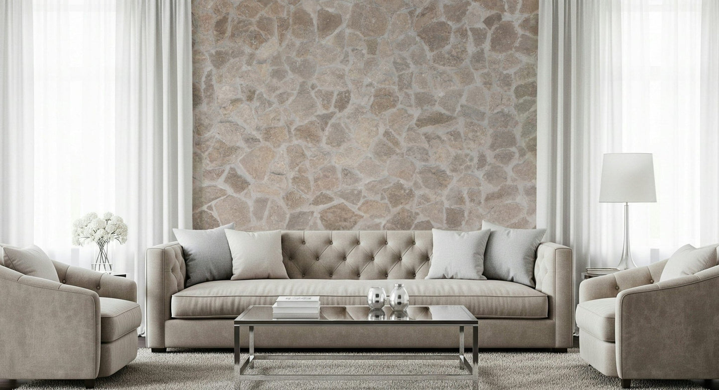Stone mosaic wallpaper mural showcasing layered stone tiles in neutral and earthy colors.