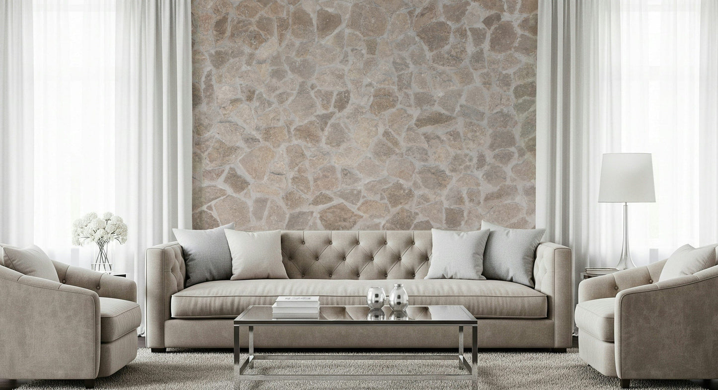 Stone mosaic wallpaper mural showcasing layered stone tiles in neutral and earthy colors.
