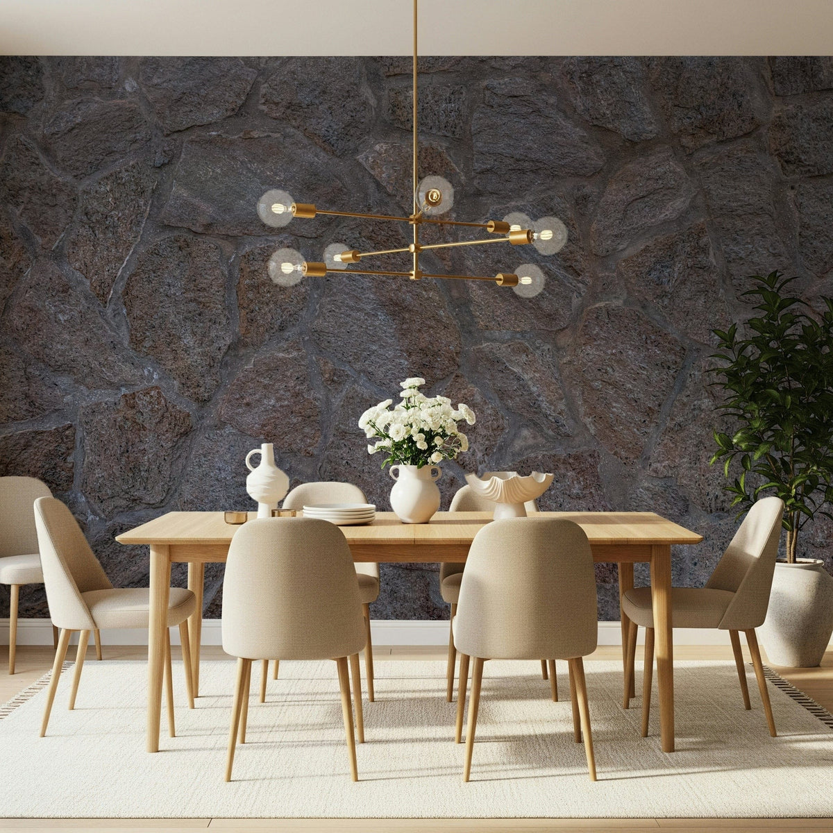 A peaceful natural stone mural on decorative wallpaper.


