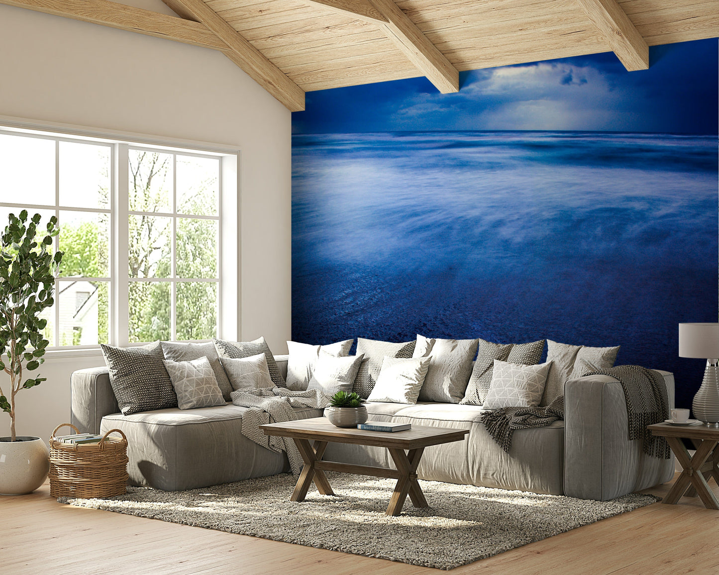A graceful dramatic wave wall mural in deep, cool tones.

