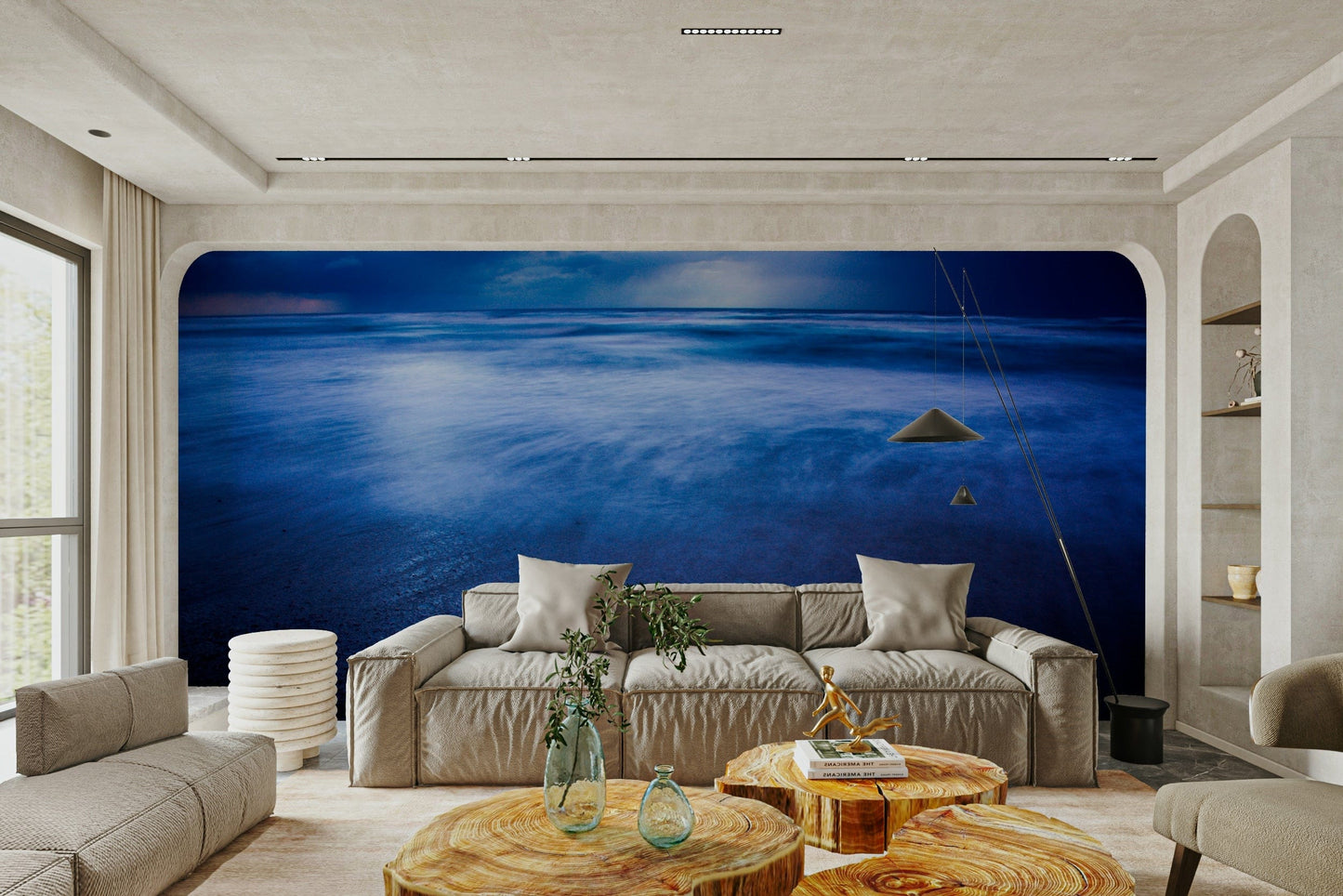 A serene winter coastal wall mural for nautical decor.


