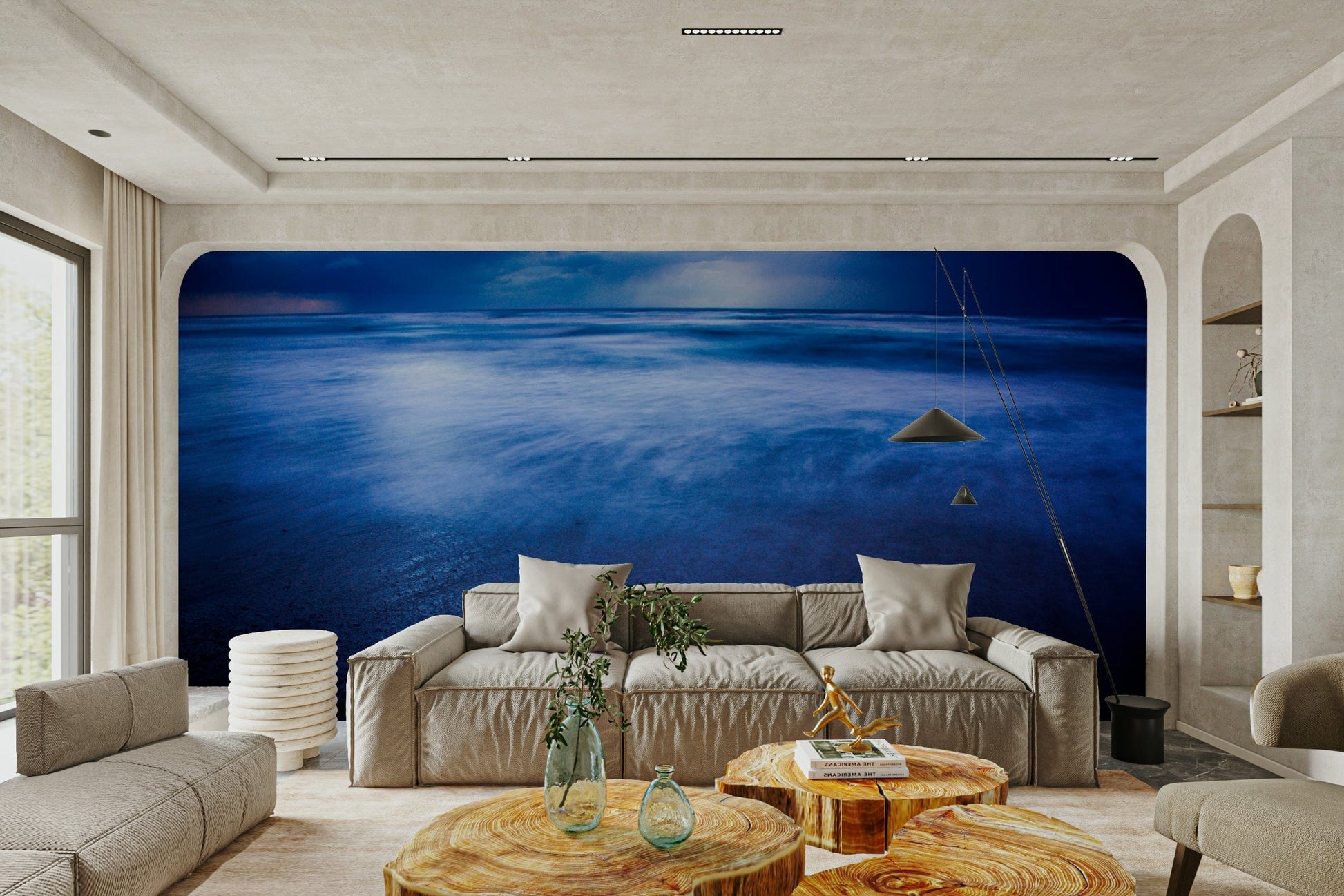 A serene winter coastal wall mural for nautical decor.

