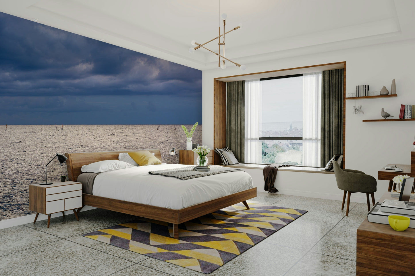 An artistic coastal landscape mural for home decor.

