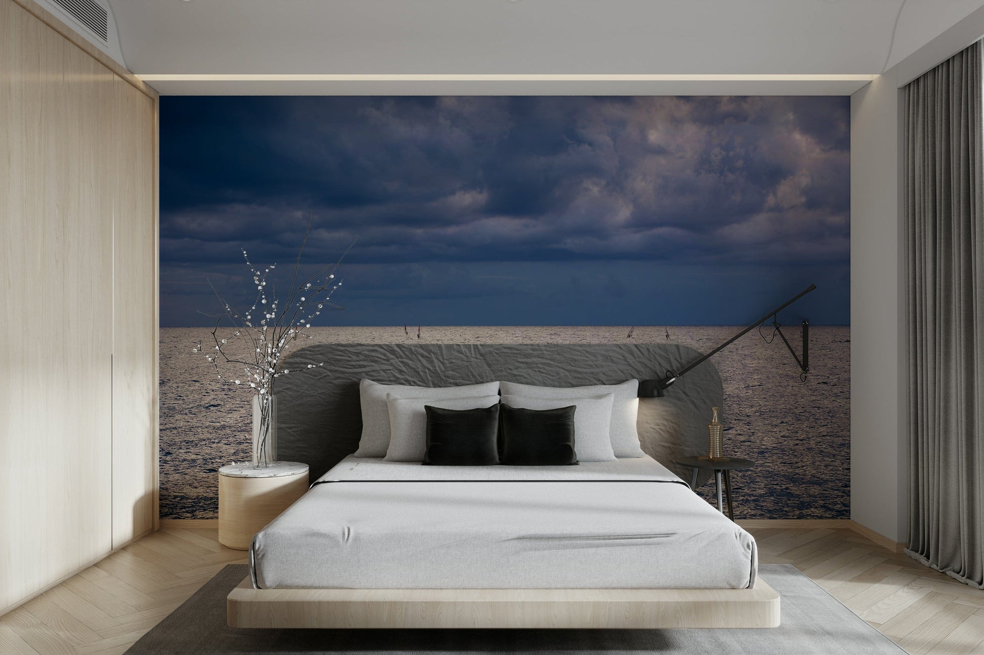 A peaceful seaside view mural on decorative wallpaper.

