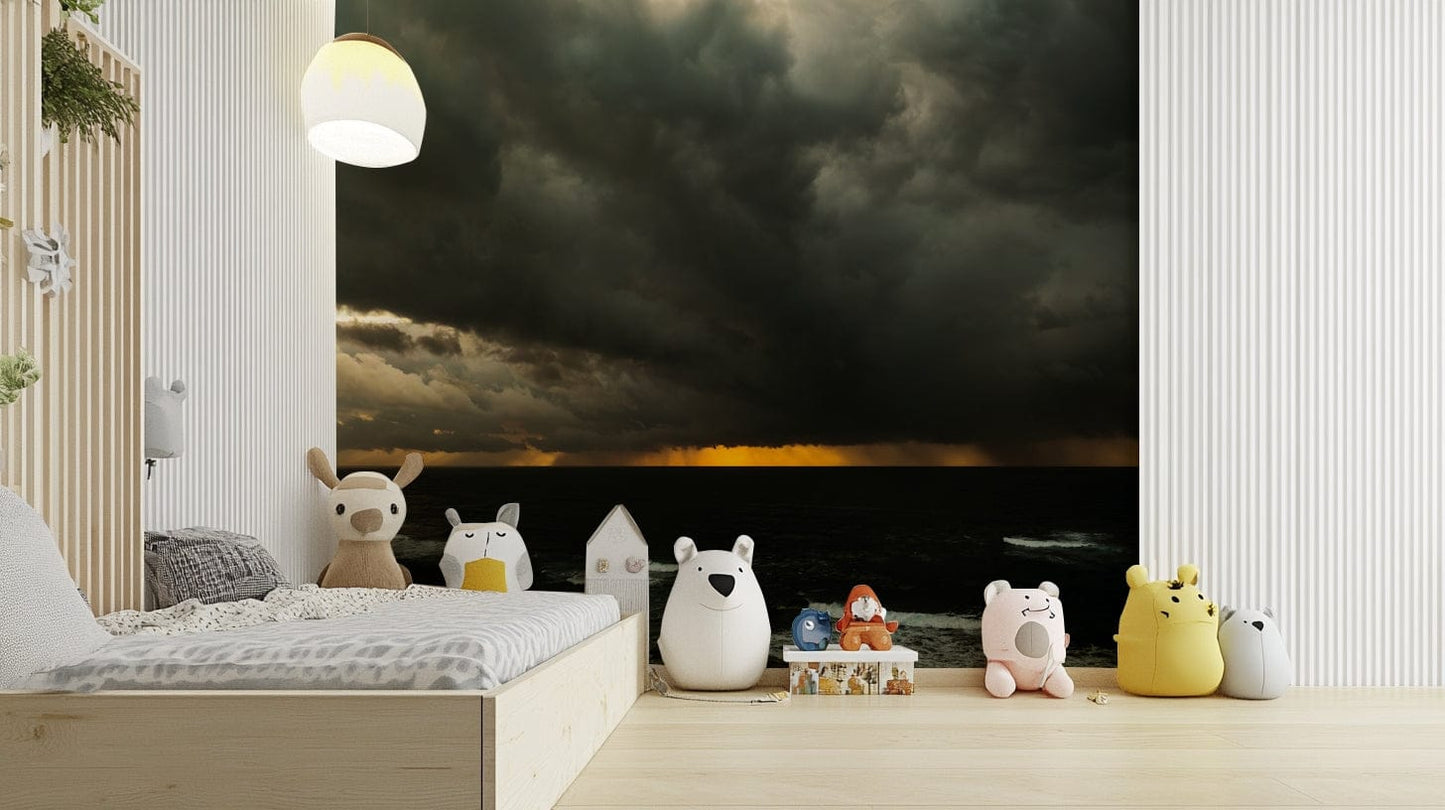 A minimalist home office with the light-themed wallpaper.

