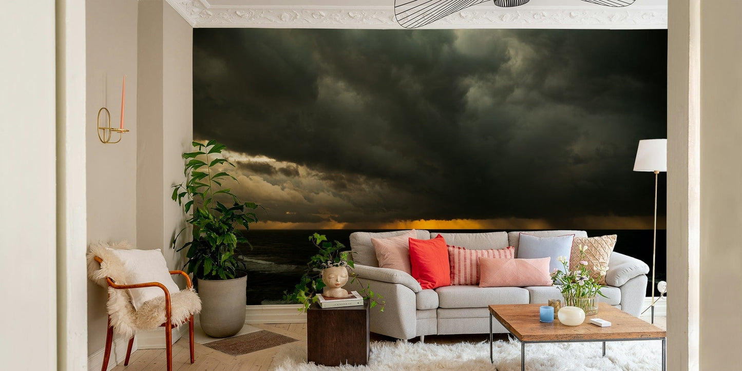 A bedroom with the artistic mural behind the headboard.

