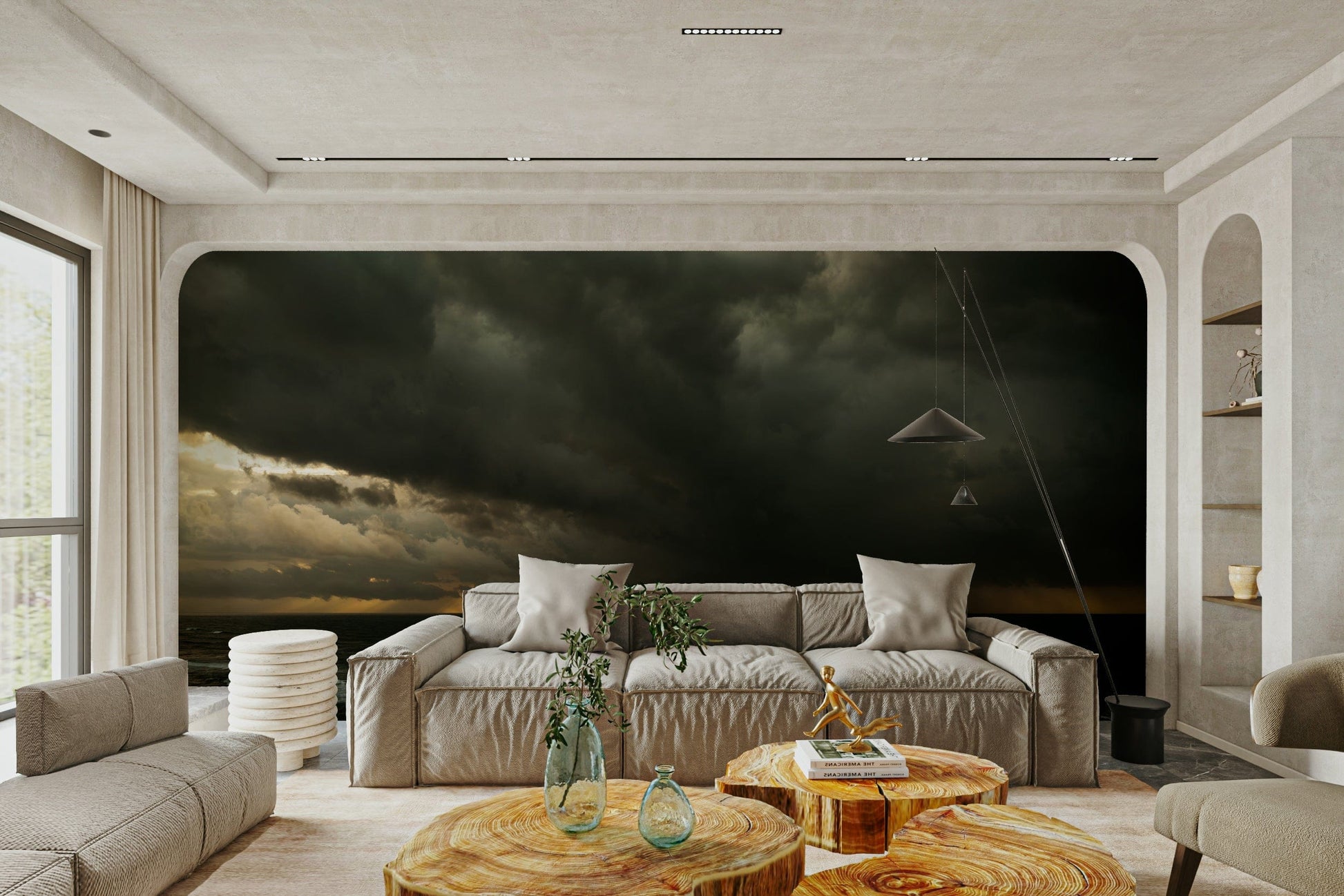 A beautiful, modern living room with an abstract light mural.

