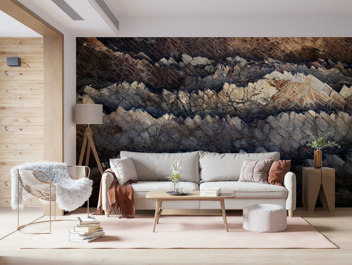 Stratified Stone Wallpaper Mural with detailed layering and subtle color variations for rustic charm.