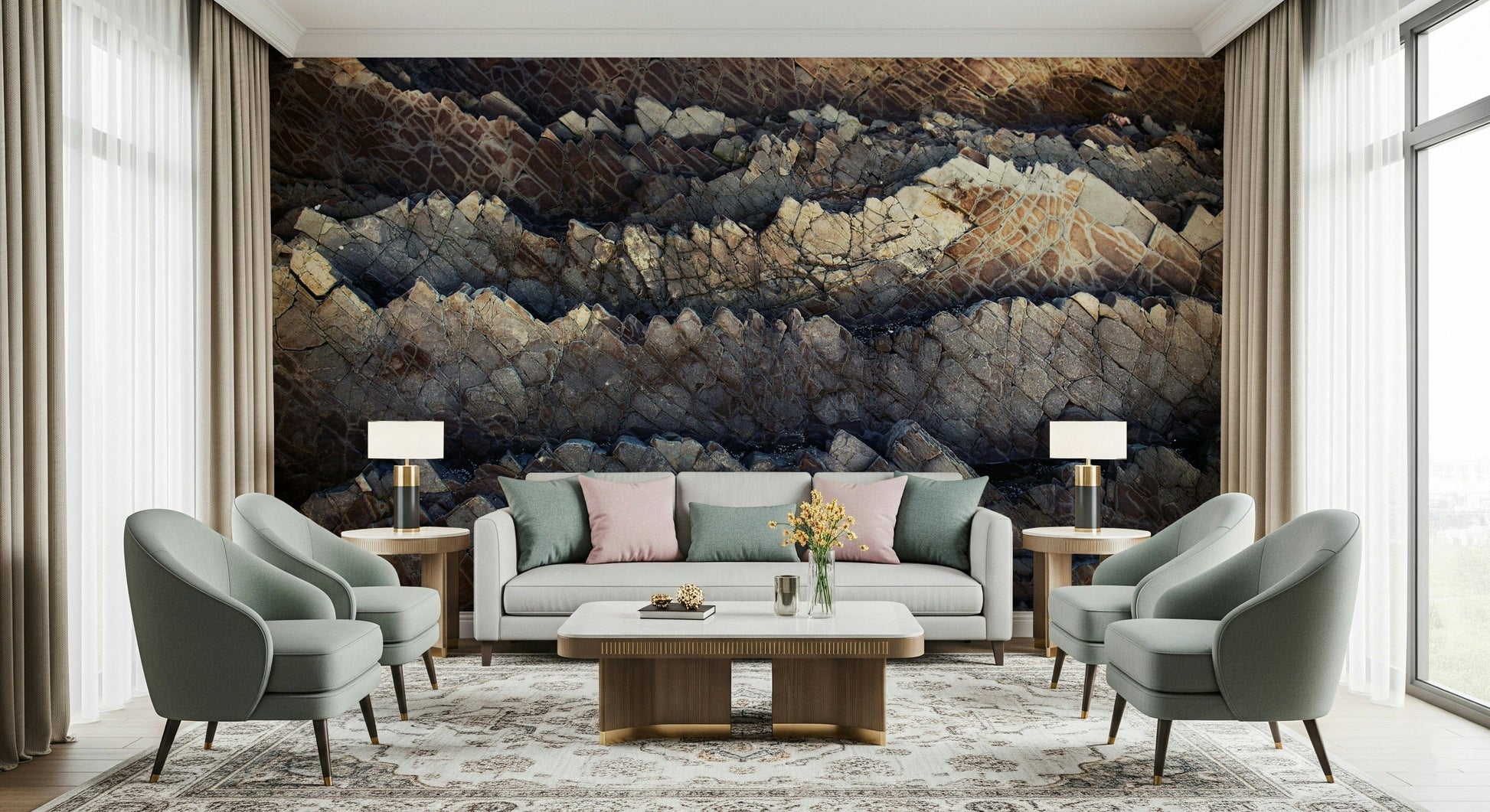 Decorative wall mural with stacked stone layers for accent walls in living rooms, offices, or lofts.