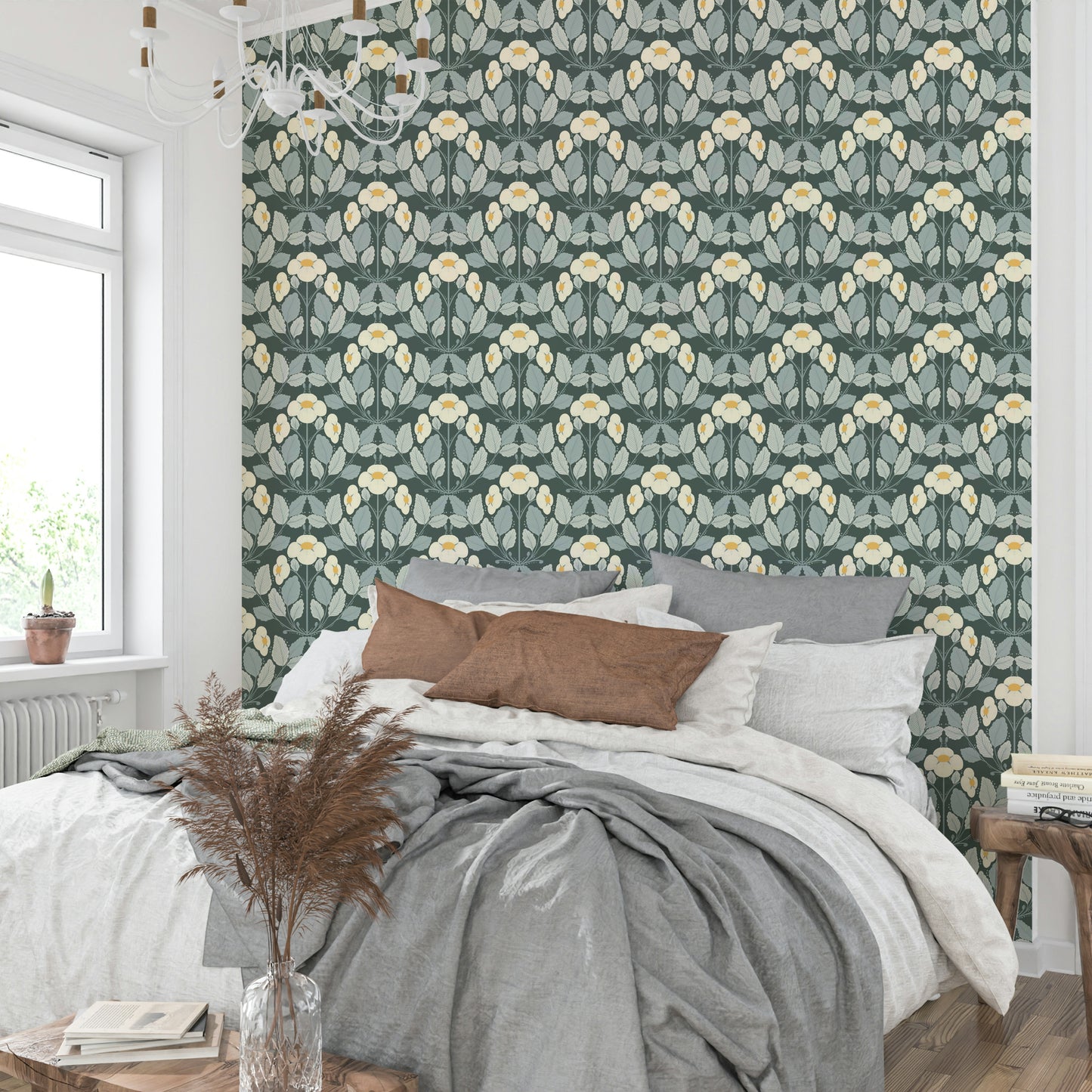 Whimsical folk wallpaper with deep green night palette

