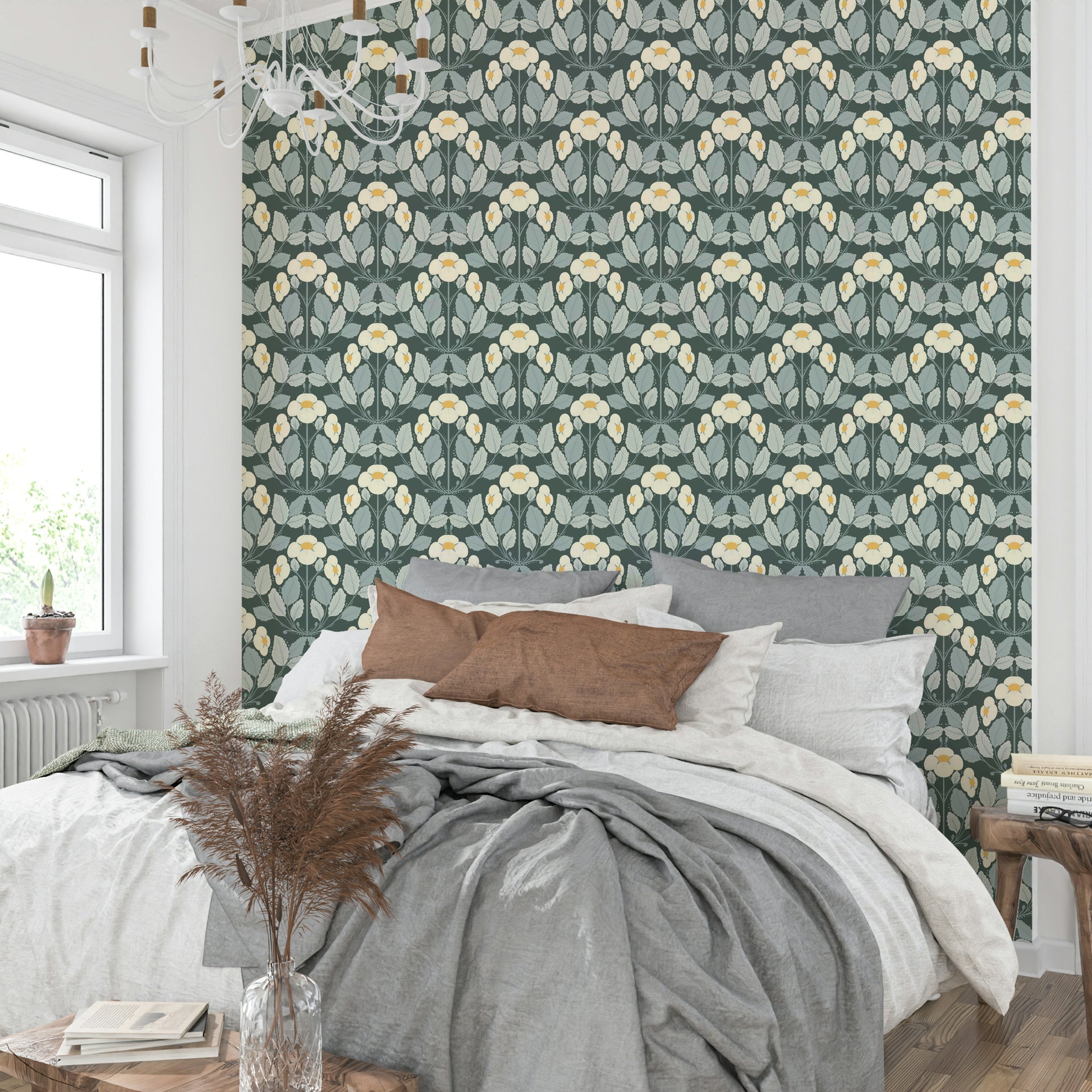 Whimsical folk wallpaper with deep green night palette

