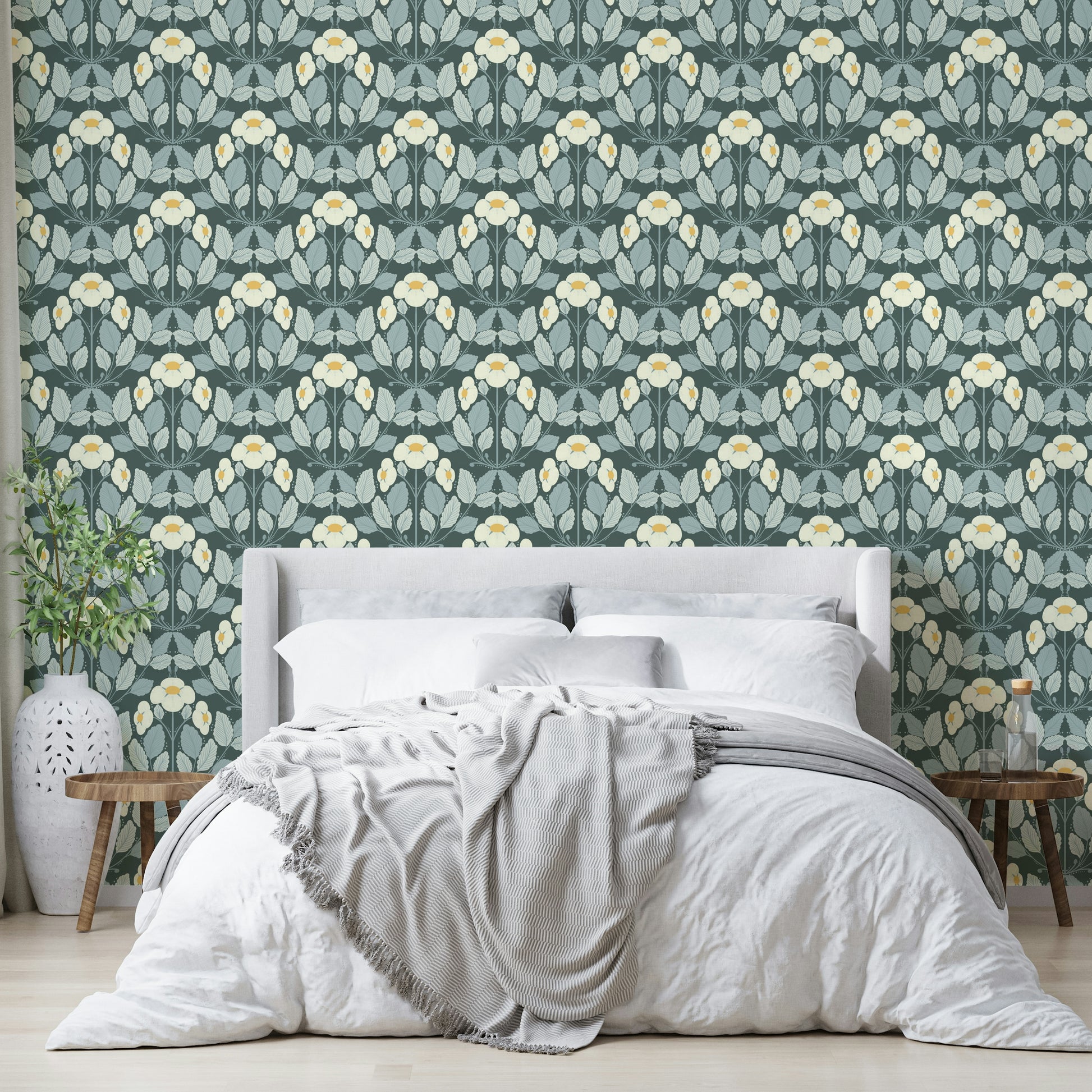 Enchanted forest wallpaper in rich folk-art style

