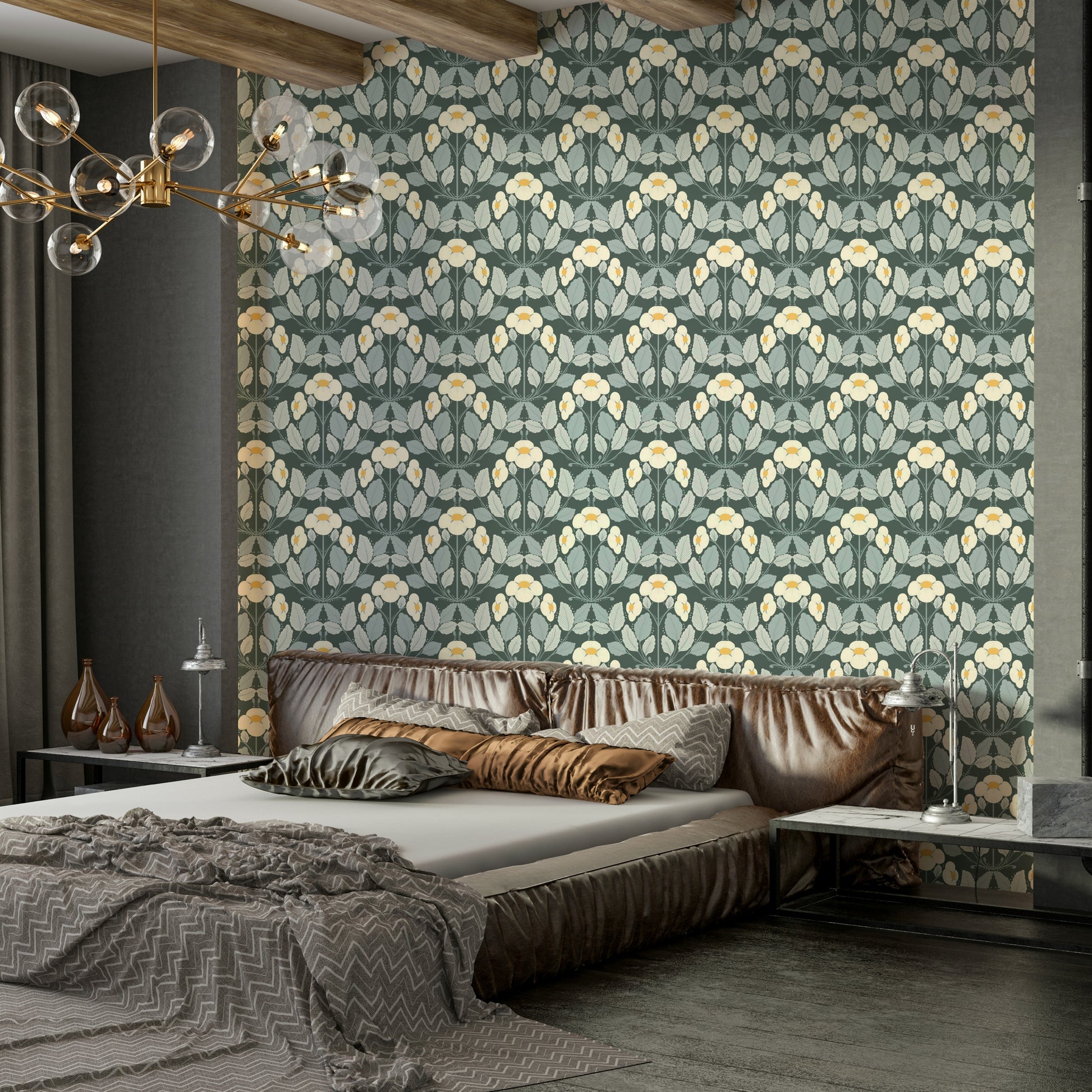 Peel and stick dark green wallpaper with whimsical berries

