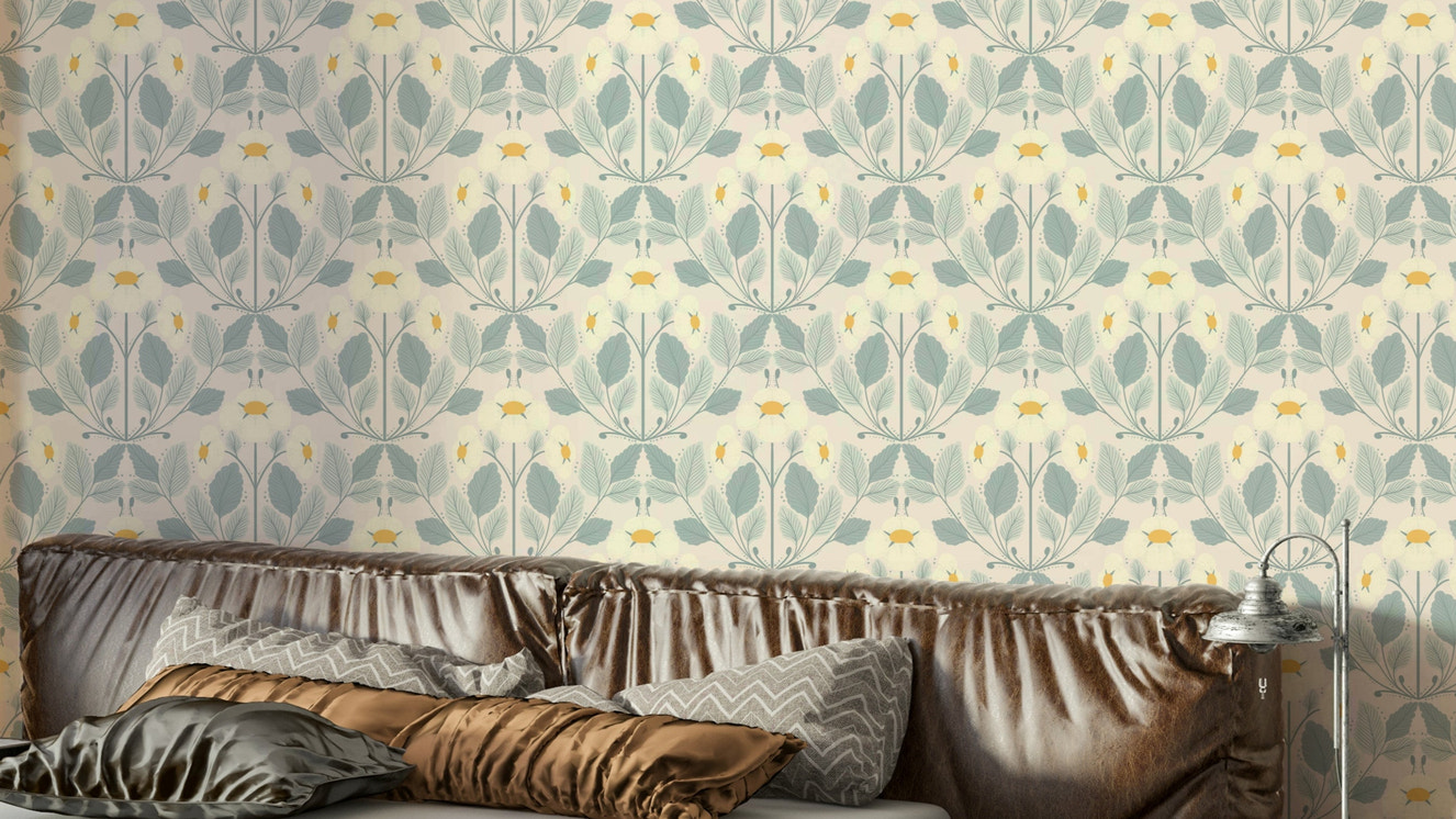 Strawberry folk wallpaper in blush and cream tones

