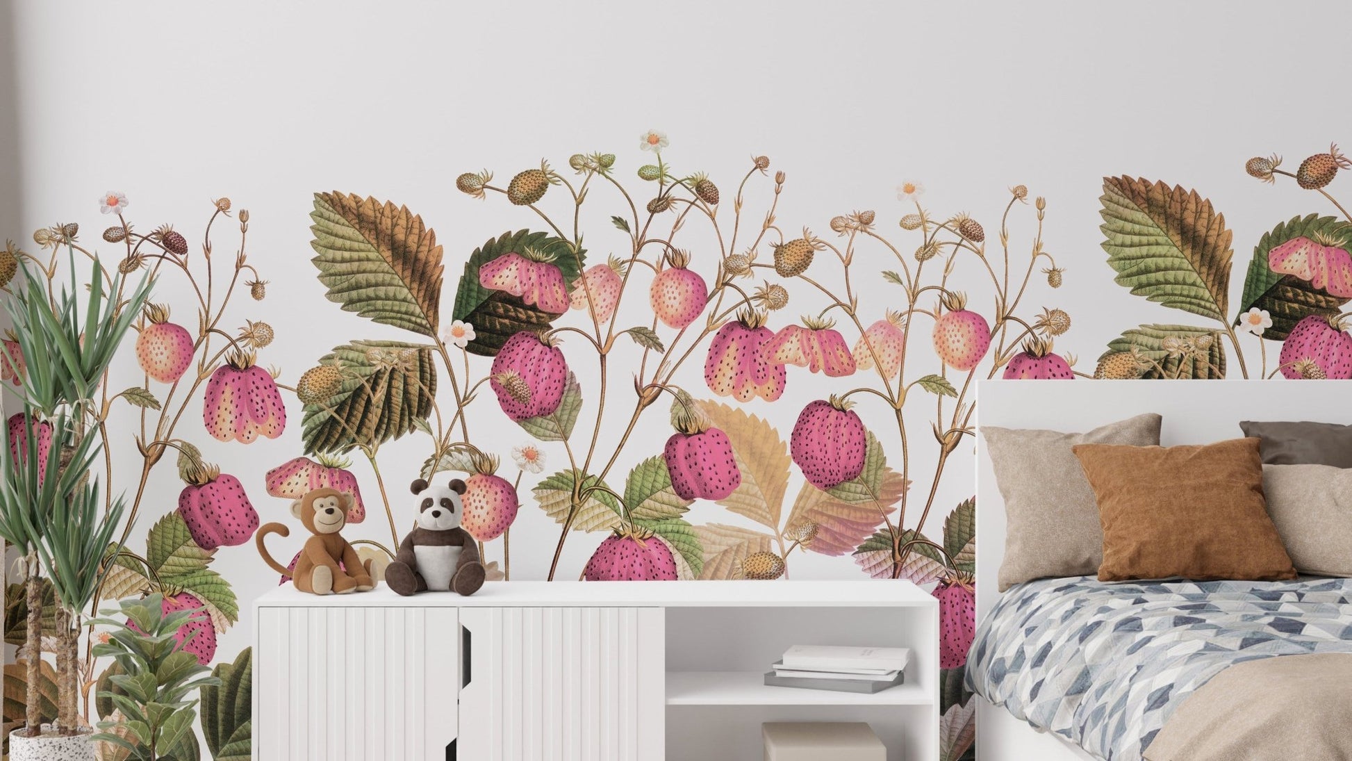 Whimsical depiction of ripe red strawberries.

