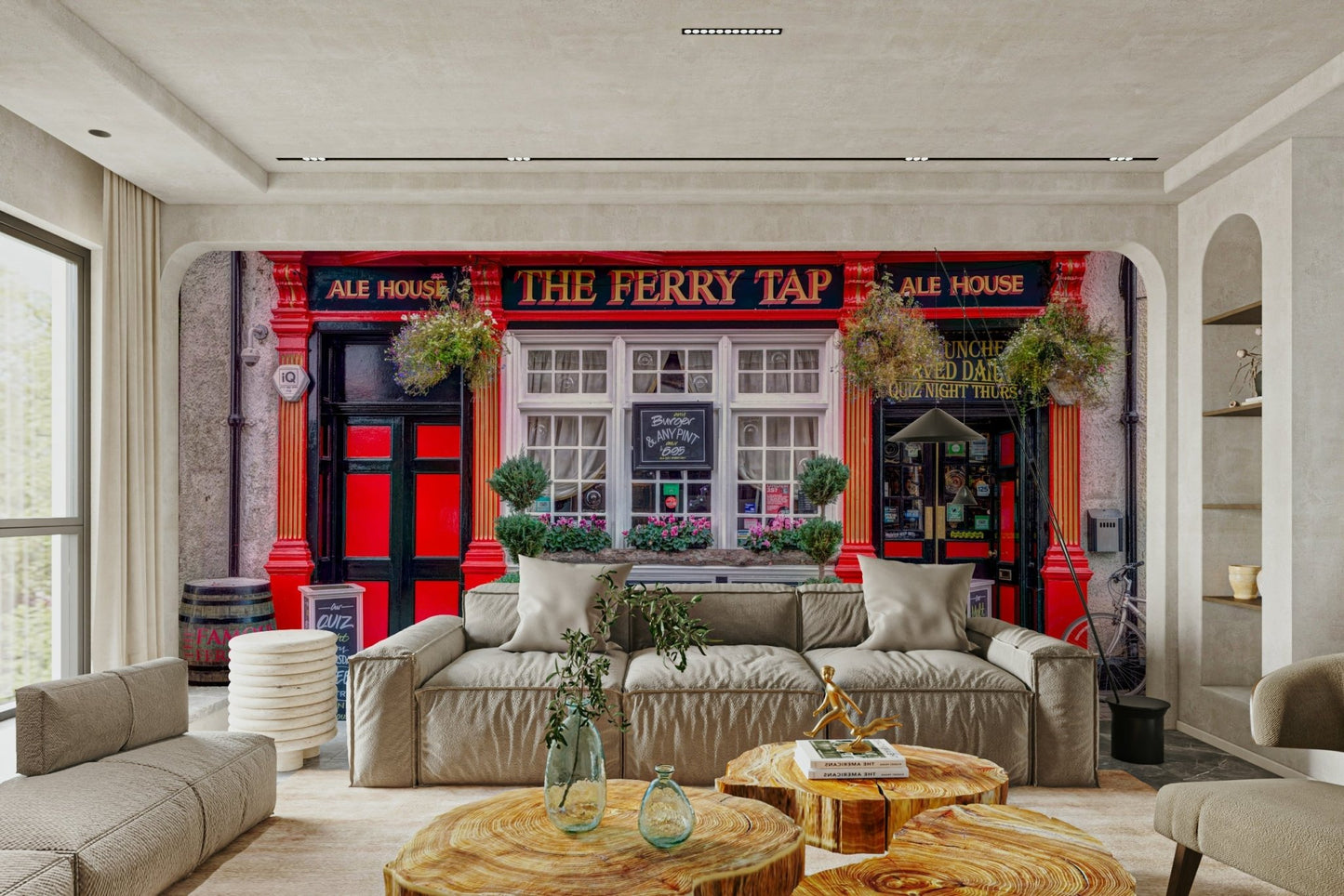 The Ferry Tap Ale House featured in a cozy cafe wall mural

