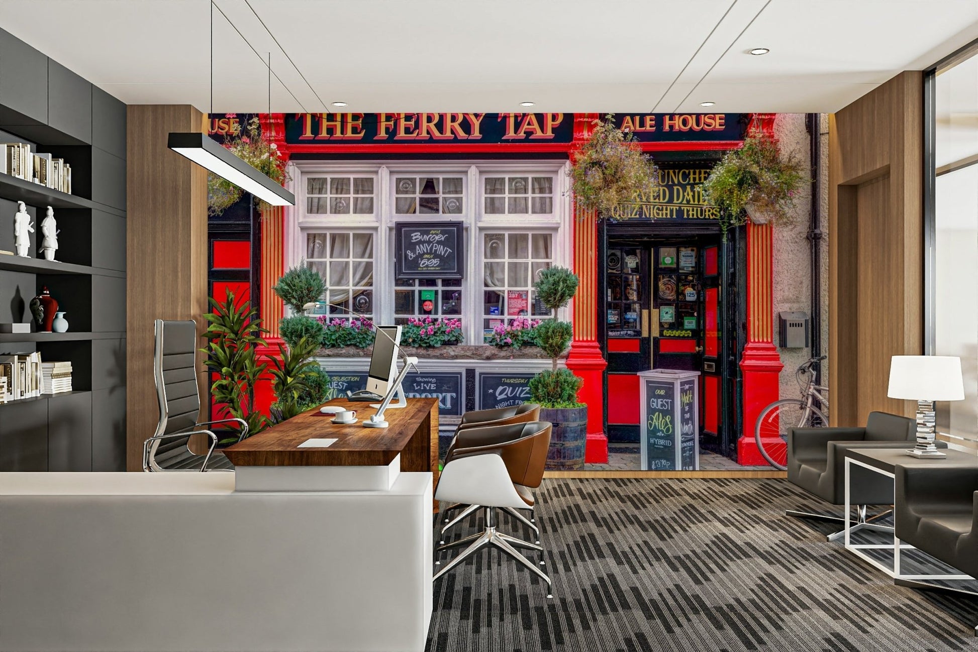 Cozy street cafe mural with vibrant red and black accents

