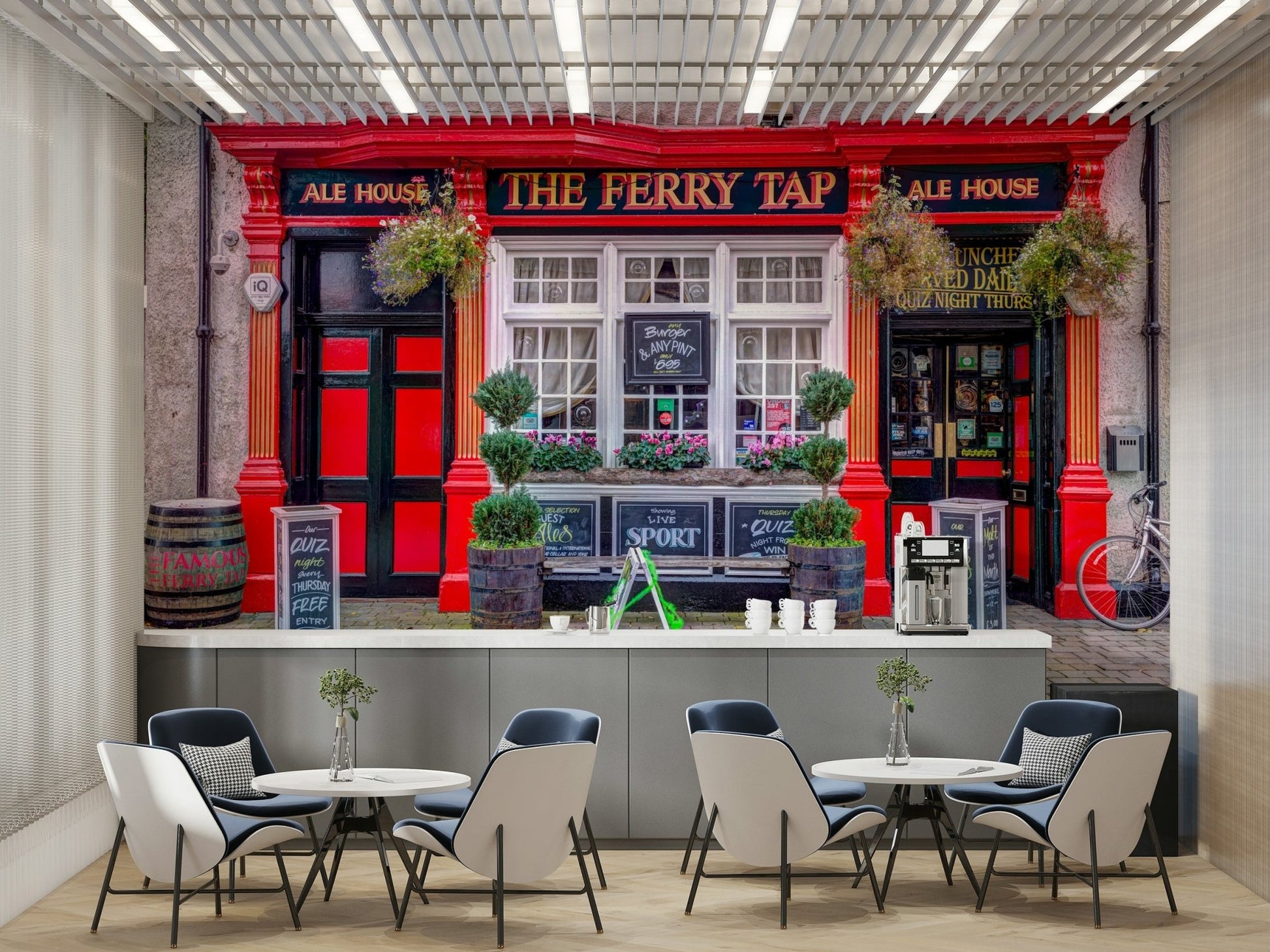 Traditional pub front mural bringing a cozy atmosphere

