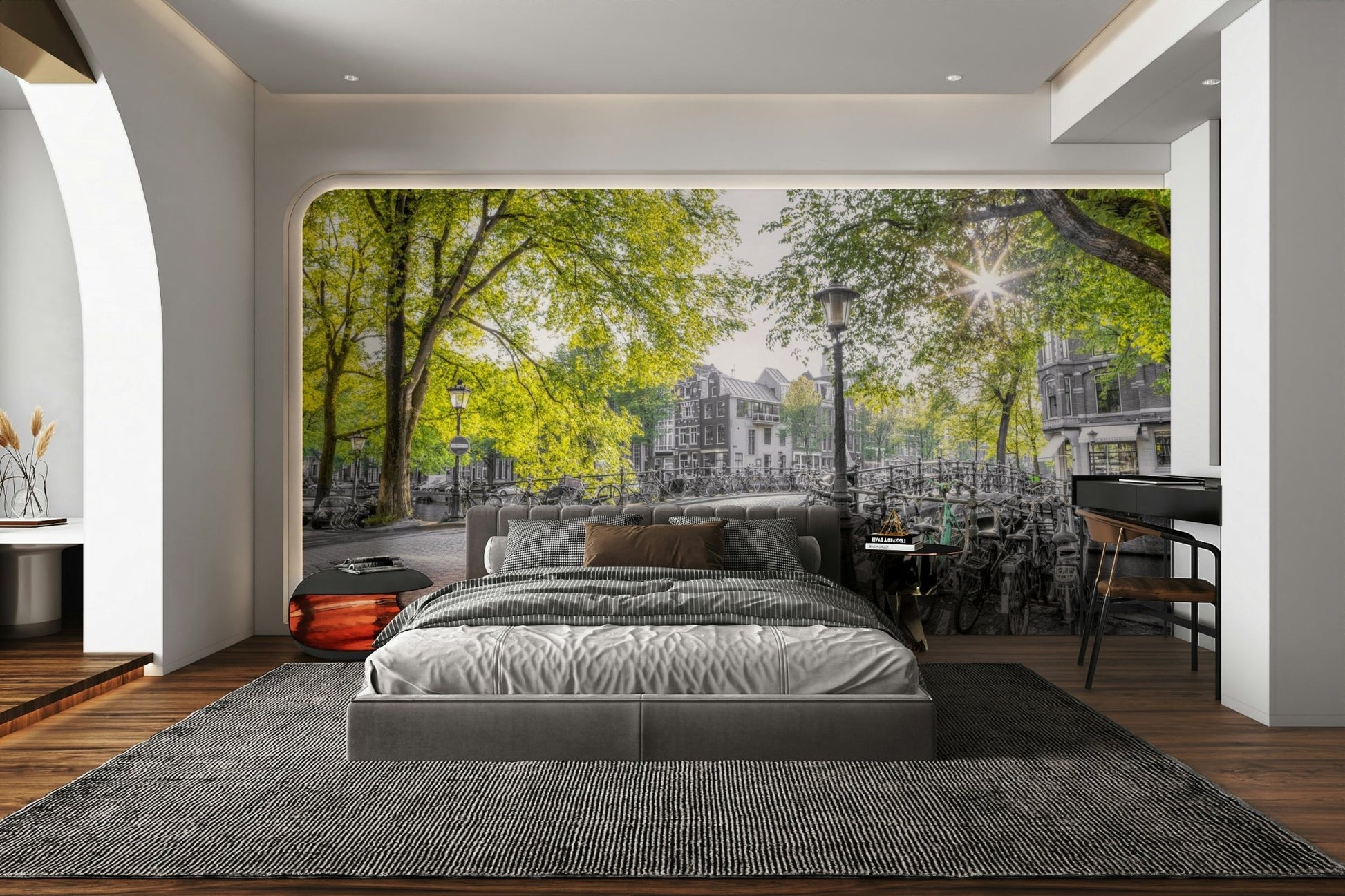 The room feels artistic and modern due to the unique color treatment.

