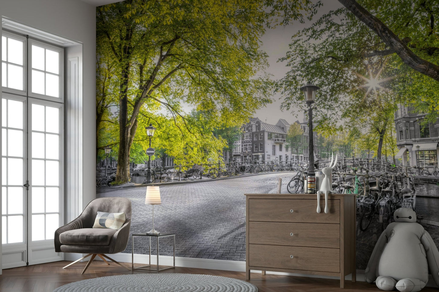 The background, including the buildings and street, is in grayscale.

