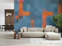 Retro urban wall mural with layered forms