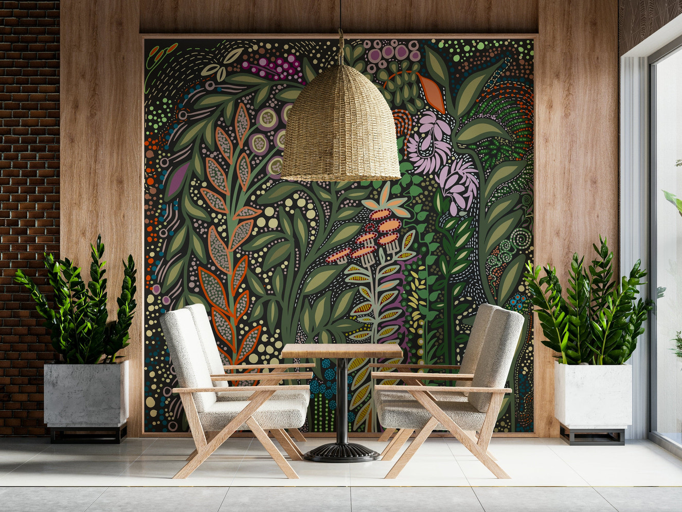 Decorative wall mural showcasing tropical Strelitzia flowers and rich green foliage.