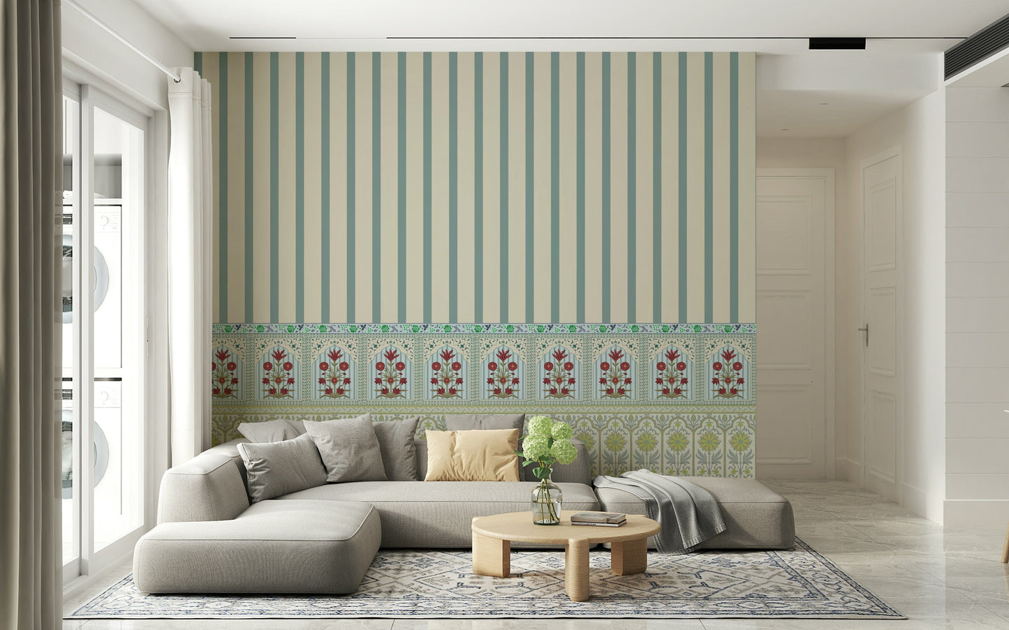 Garden-themed stripes paired with light timber furniture.