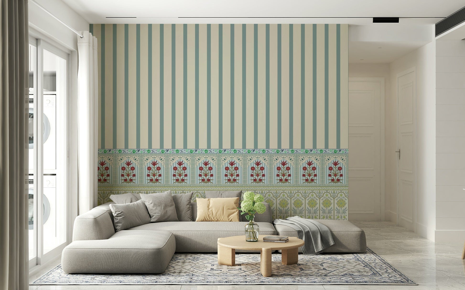 Garden-themed stripes paired with light timber furniture.