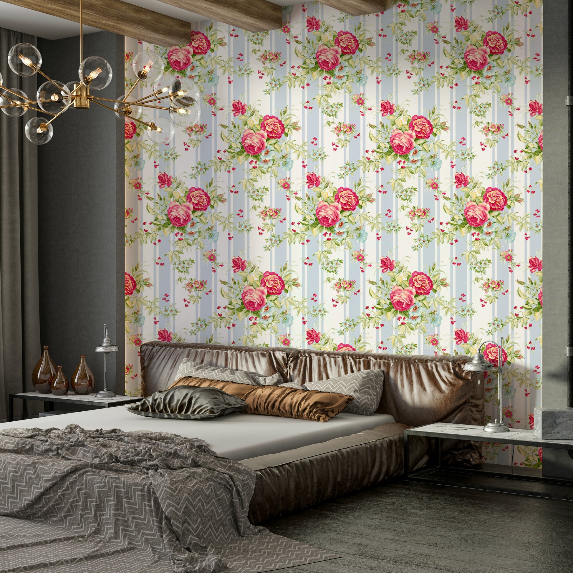 Striped Rose Garden Wallpaper with blush and cream floral accents.

