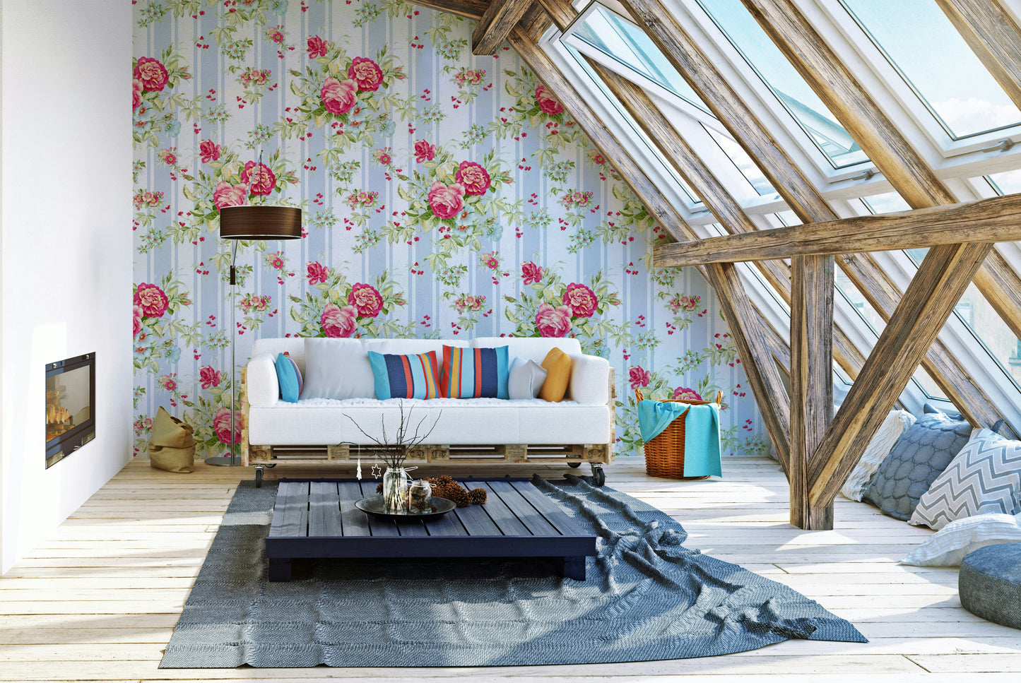 Close-up of peach and pink roses on striped garden mural.

