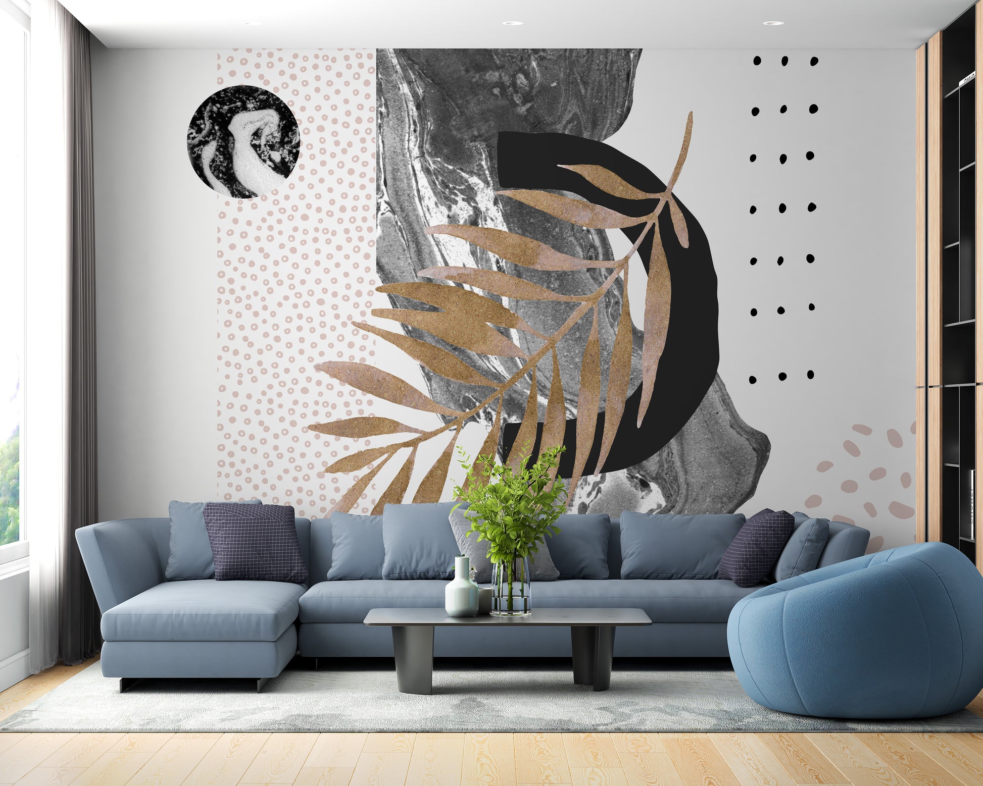 Monochrome marble mural with bold design
