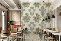 Subtle botanical paisley wallpaper in soft tones

