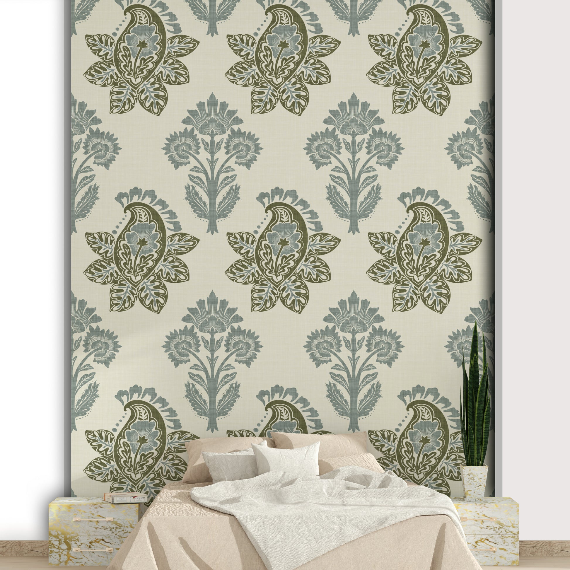 Soft pattern wallpaper with botanical paisleys

