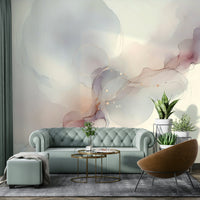 Subtle Breeze Wall Mural installed behind a mid-century modern sofa.