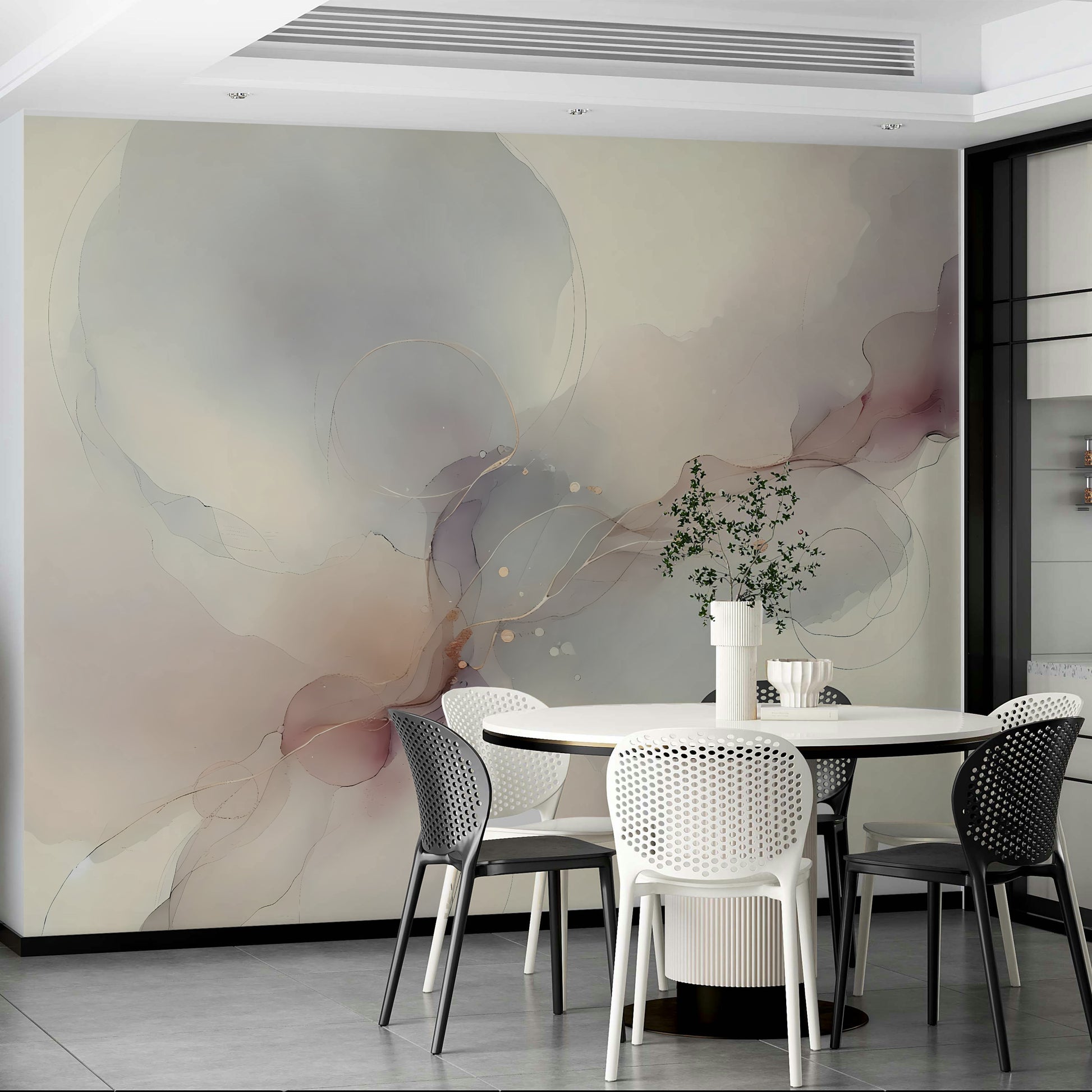 Home office wall decor with a neutral colored nature inspired mural.