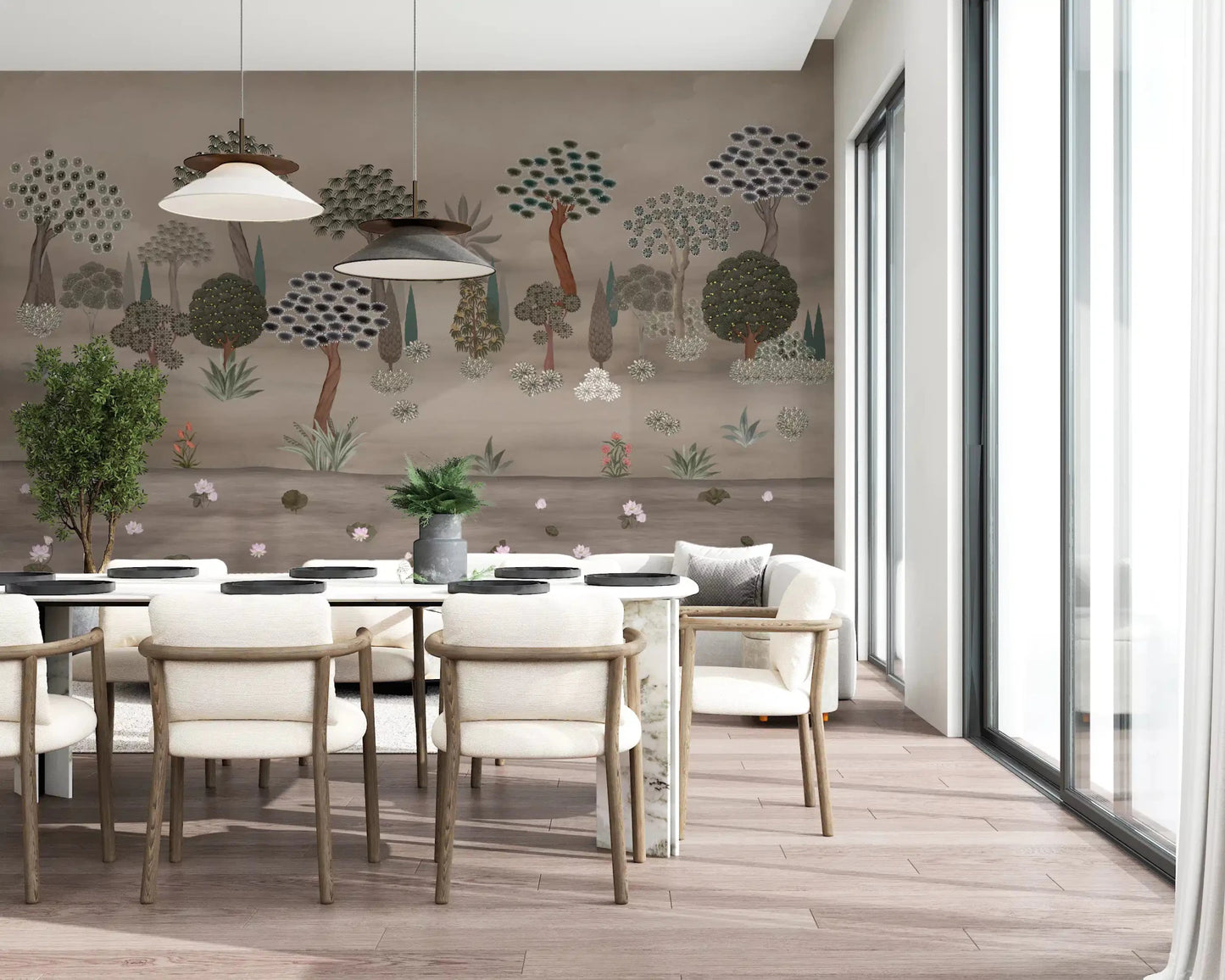 Dining room Subtle Eastern Garden wall mural with soft botanical forms