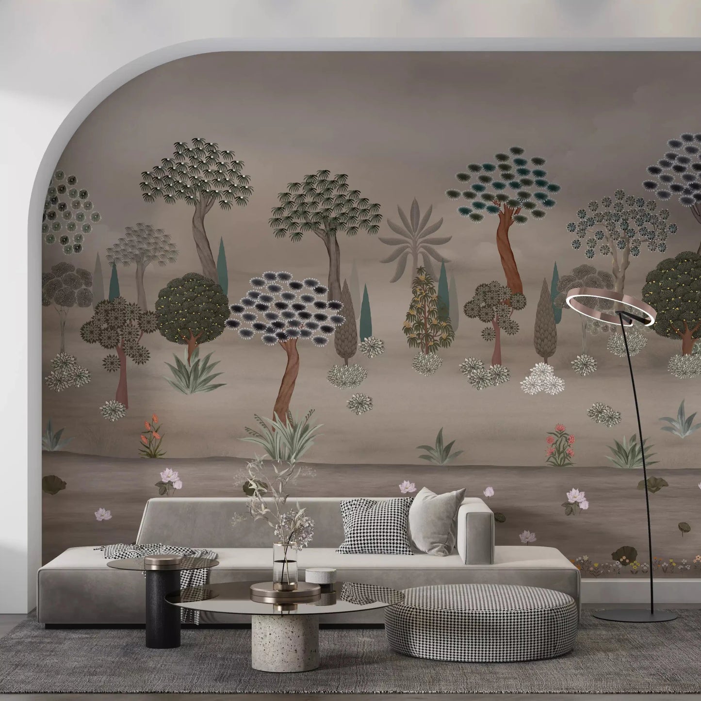 Subtle Eastern Garden wall mural in living room with muted trees